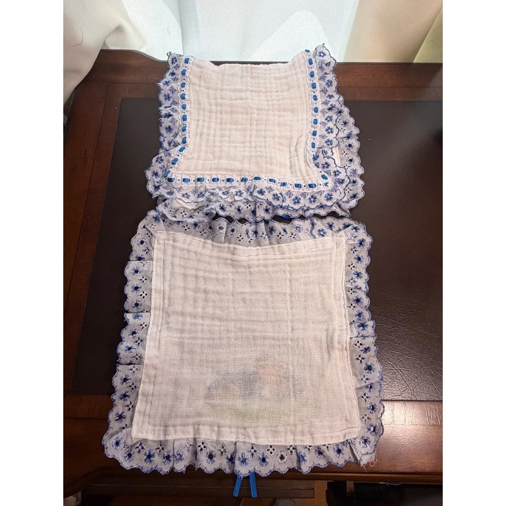 Vintage Antony Personalized Baby Burp Cloth and Towel Set Blue Eyelet Lace Trim
